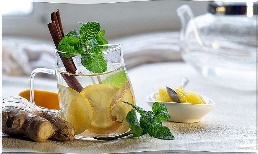 Glass with cinnamon and lemon drink